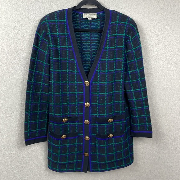 St. John Sweaters - SOLD St John Signature Santana Knit Longline Cardigan Sweater Plaid Quiet Lux L